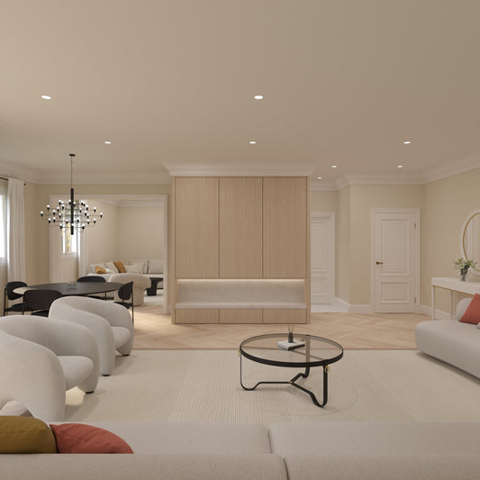 3D visualization of a modern apartment with beige tones, oak herringbone flooring, and high-end furnishings in the reception and kitchen.