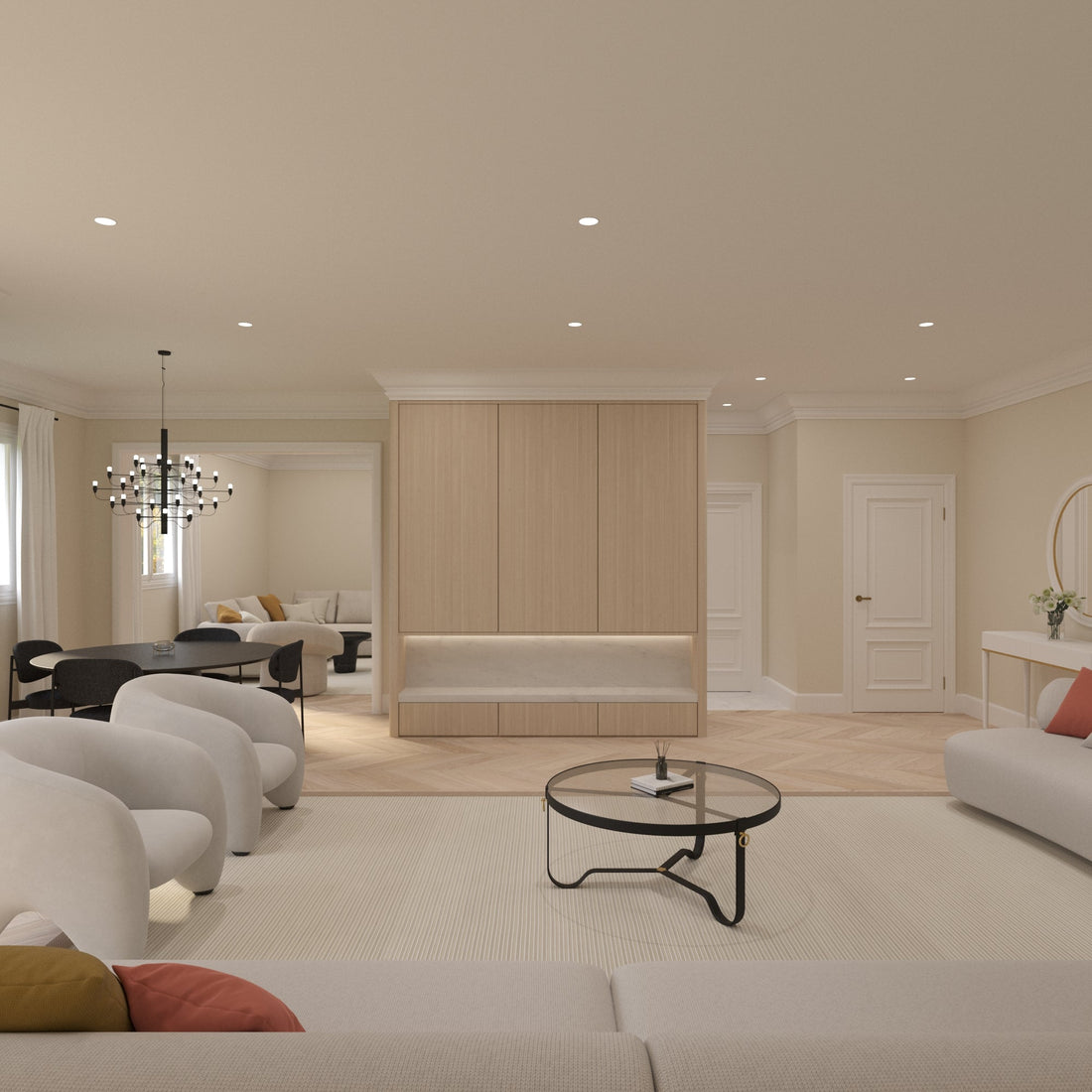 3D visualization of a modern apartment with beige tones, oak herringbone flooring, and high-end furnishings in the reception and kitchen.