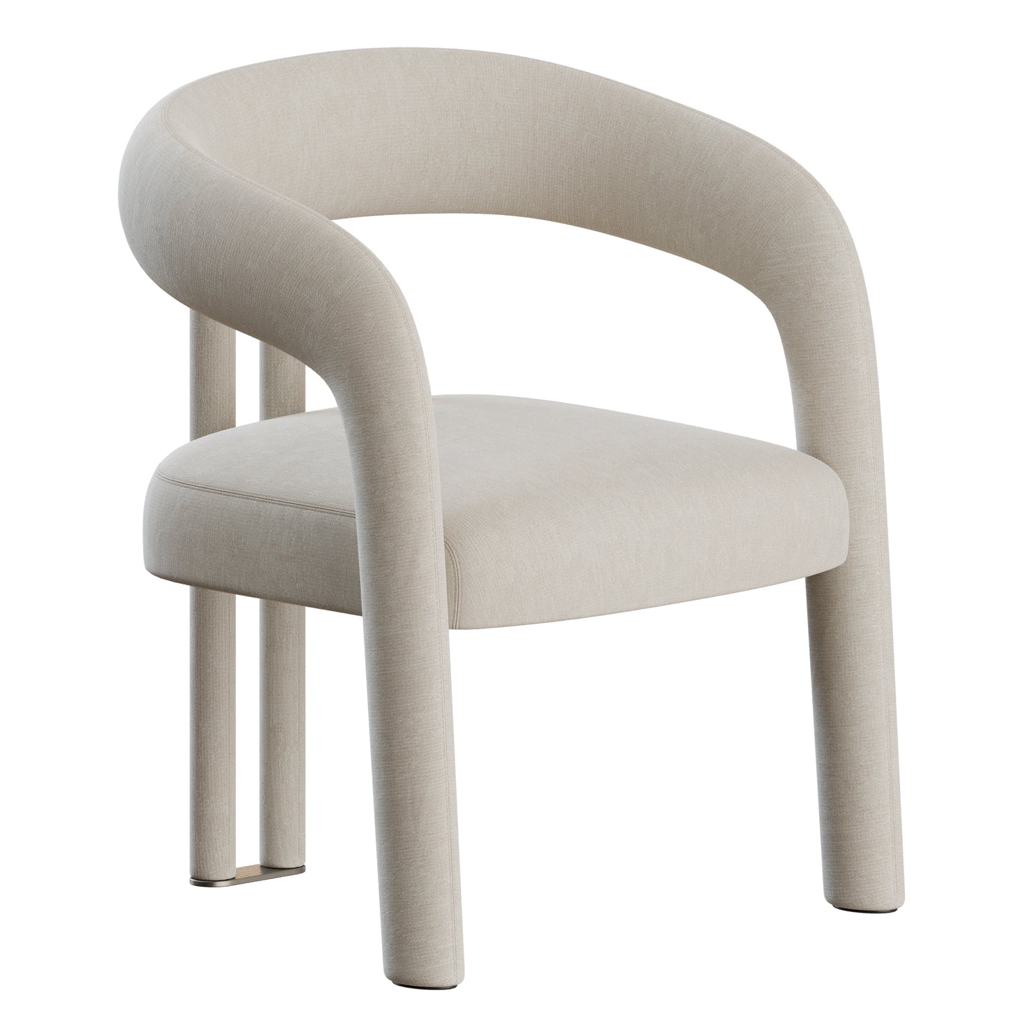 A modern upholstered accent chair with a curved backrest, integrated armrests, and slim metal legs, shown on a plain white background.