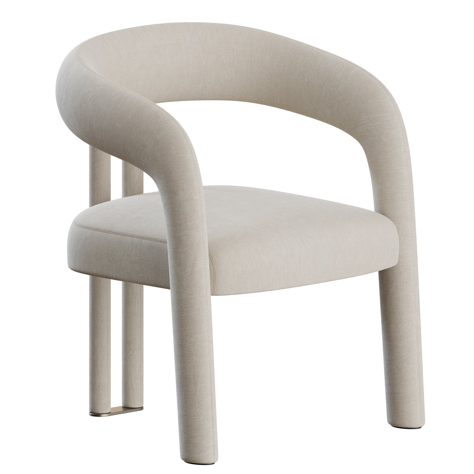A modern upholstered accent chair with a curved backrest, integrated armrests, and slim metal legs, shown on a plain white background.