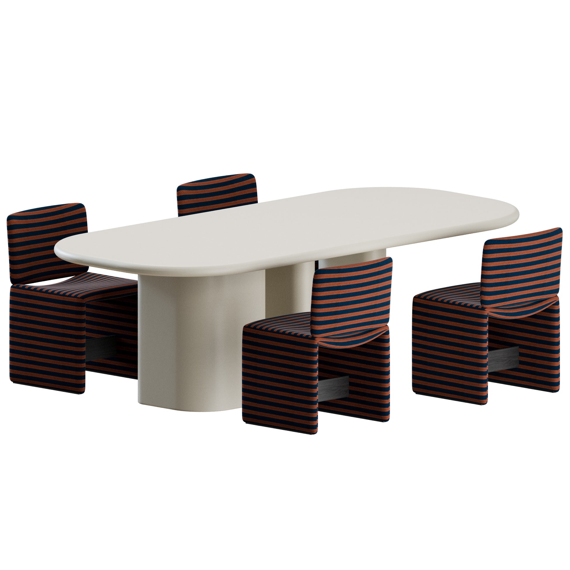 A modern dining set featuring a rounded rectangular table with a thick cylindrical pedestal base, surrounded by four upholstered chairs with dark red and navy blue horizontal stripes.