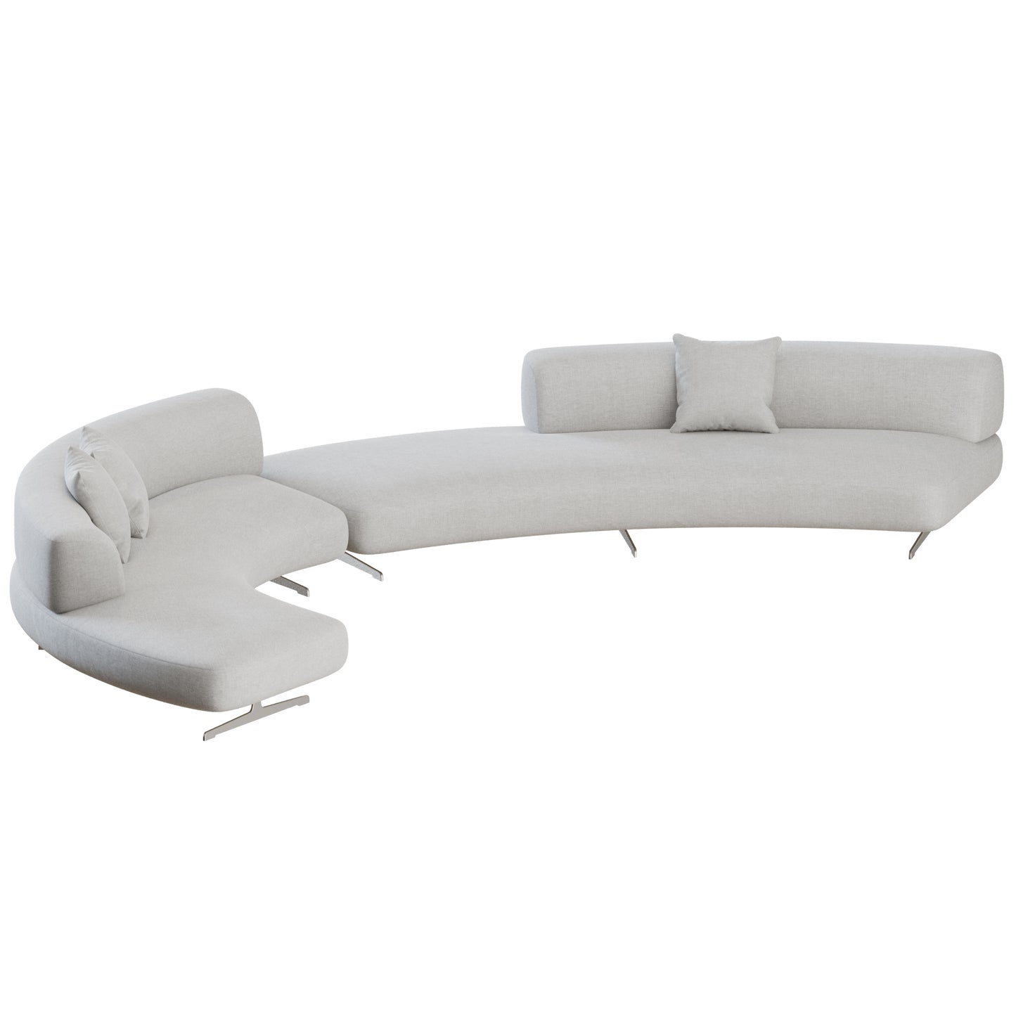 A modern curved sectional sofa upholstered in light gray fabric with slim metallic legs and matching throw pillows, shown on a plain white background.