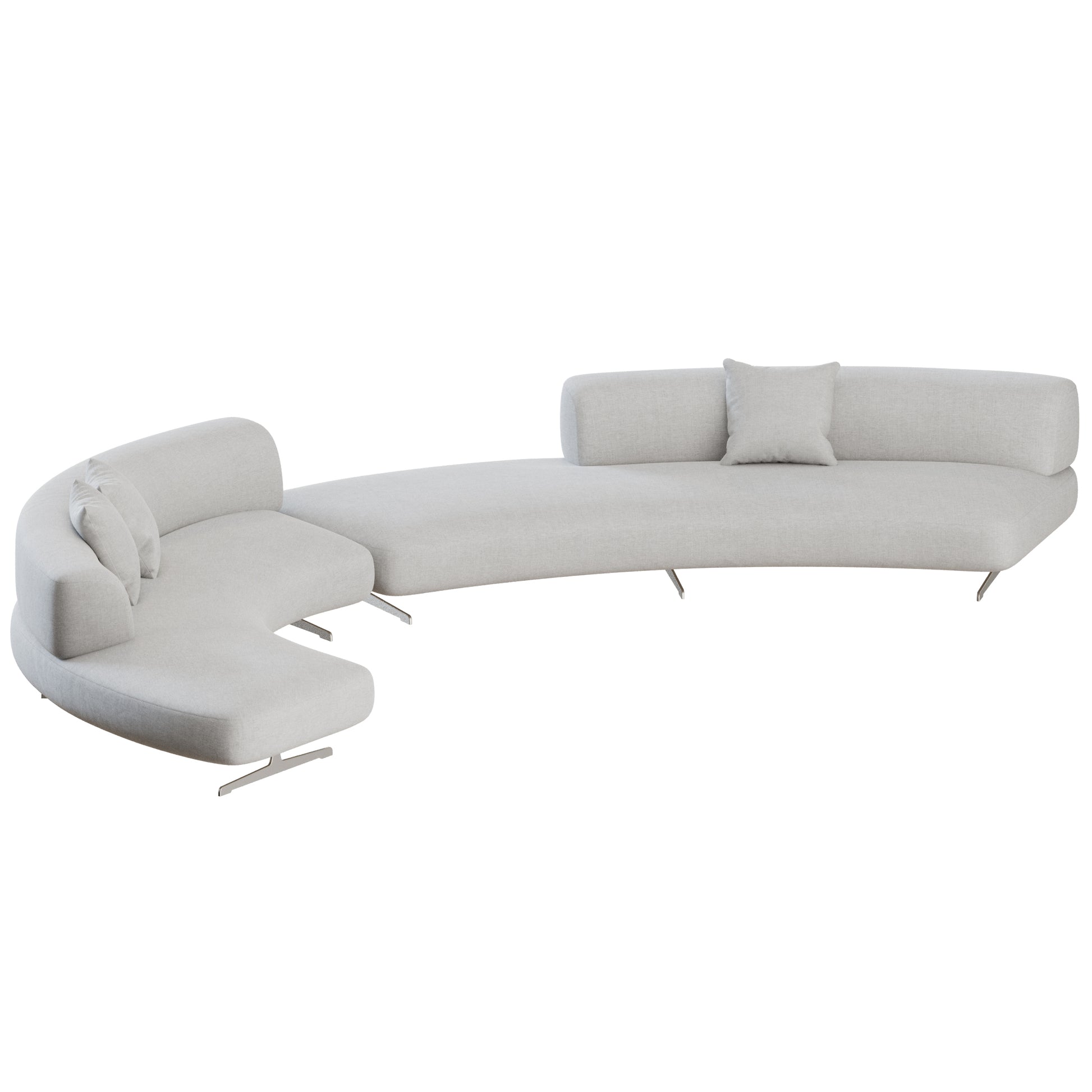 A modern curved sectional sofa upholstered in light gray fabric with slim metallic legs and matching throw pillows, shown on a plain white background.