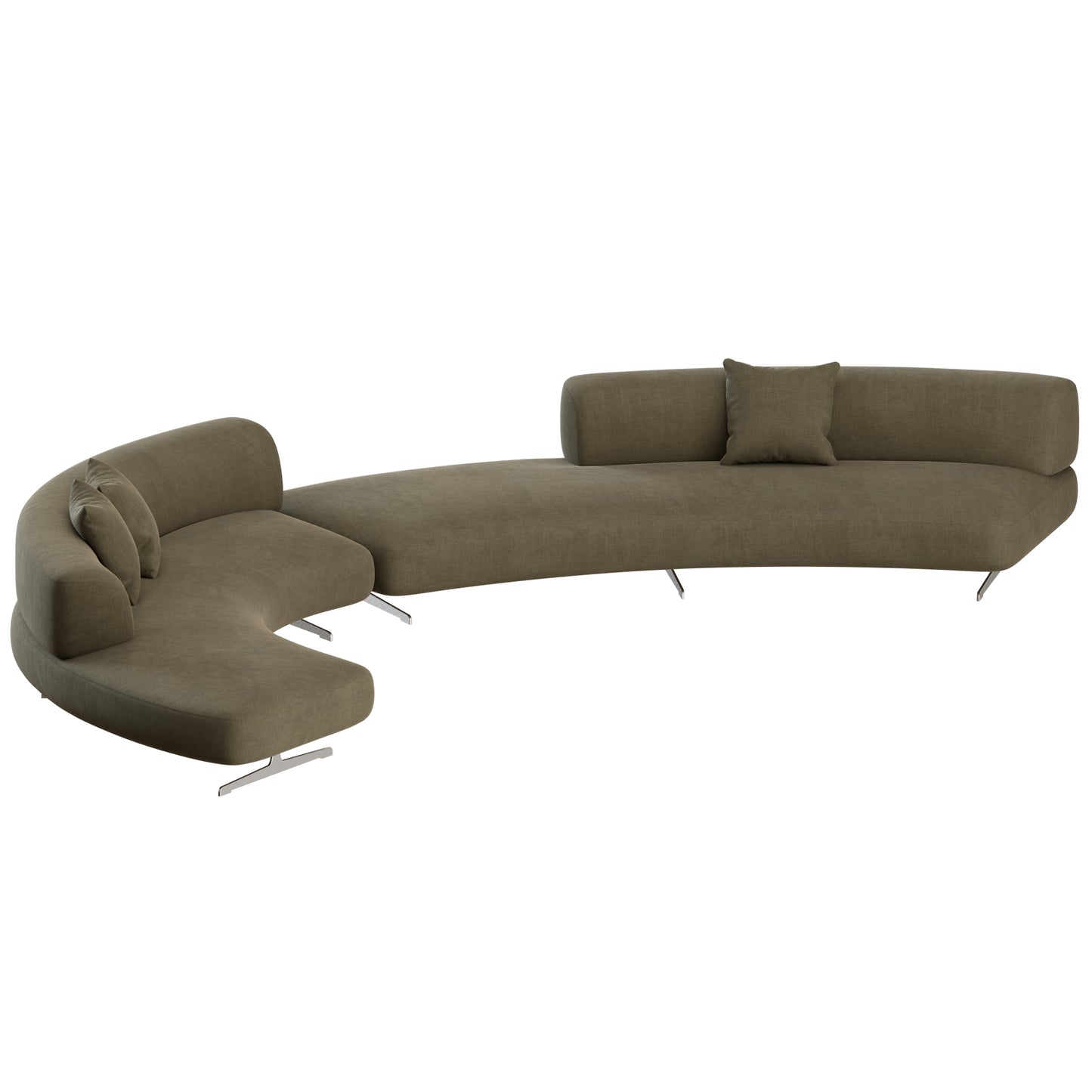 A modern curved sectional sofa upholstered in a textured taupe fabric with slim silver metal legs and matching throw pillows, shown against a plain white background.